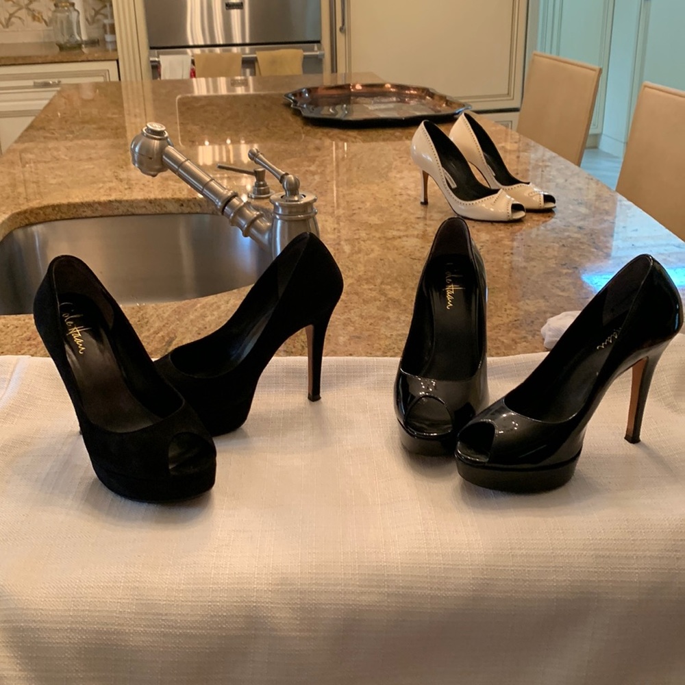 2 pair open toe black suede and black patent 4 inch platform heels